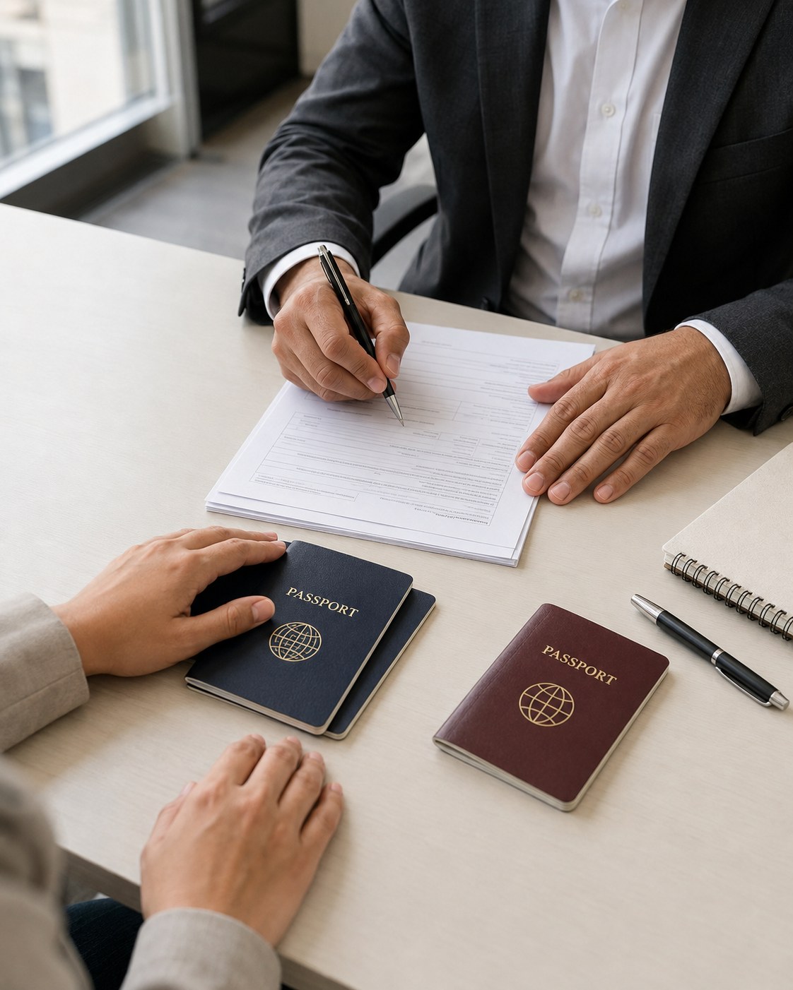 Passports and application forms being organised on a desk